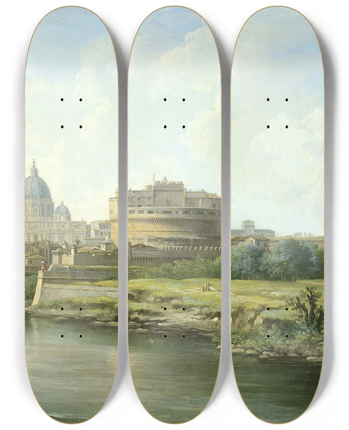 Triptych art skateboard deck of Pierreantoine Demachy View Of The Castel Santangelo In Rome by Pierre-Antoine Demachy (1723-1807)