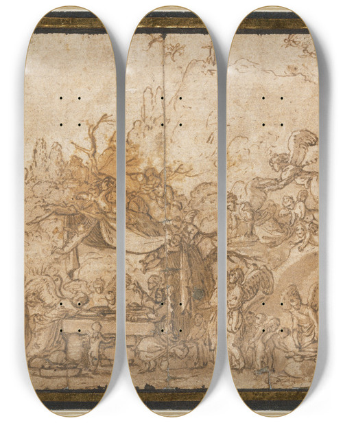 Triptych art skateboard deck of Adam Elsheimer Christus Nach Den Drei Versuchungen Von Engeln Bedient by Adam Elsheimer (1578-1610)