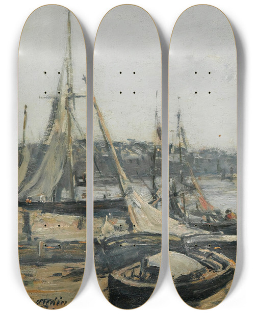 Triptych art skateboard deck of Eugne Boudin Trouville Vue Du Port Prise De Lembarcadre by Eugene Boudin (1824-1898)