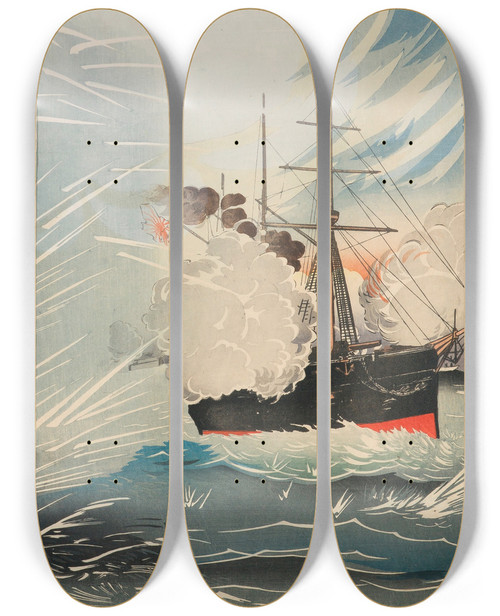 Triptych art skateboard deck of Kobayashi Kiyochika The Saikymaru In The Hard Fighting Off Haiyang Island by Kobayashi Kiyochika (1847-1915)