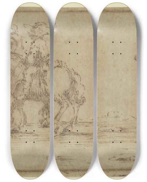 Triptych art skateboard deck of Jacques Callot Zwei Reiter Gefolgt Von Einem Mann Der Einen Sack Trgt by Jacques Callot (1592-1635)