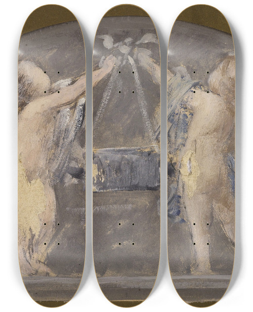 Triptych art skateboard deck of Franois Lafon Deux Enfants Levant Ensemble Une Grande Bote by Francois Lafon (1846-1920)