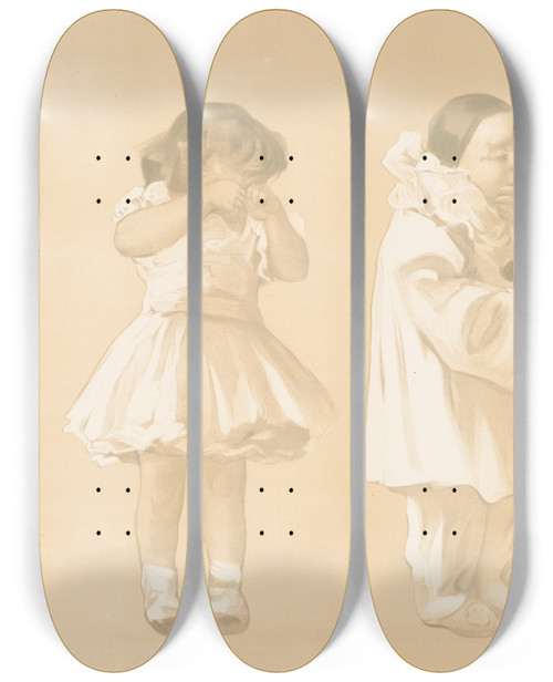 Triptych art skateboard deck of Jean De Paleologue Girl Crying Thoughtful Clown Looking Down At The Dog With Rabbit In Mouth by Jean de Paleologue (1855-1942)