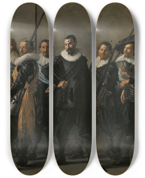 Triptych art skateboard deck of Frans Hals Militia Company Of District Xi Under The Command Of Captain Reynier Reael Known As The Meagre Company by Frans Hals (1581-1666)