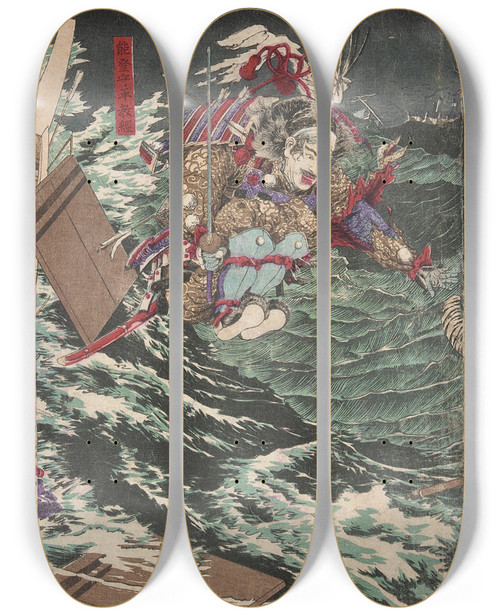 Triptych art skateboard deck of Kobayashi Kiyochika Minamoto Yoshitsune Governor Of Iyo Leaping Across Eight Boats by Kobayashi Kiyochika (1847-1915)