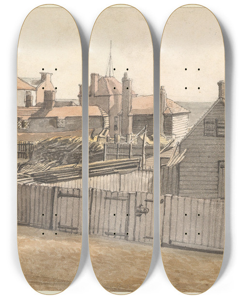 Triptych art skateboard deck of William Henry Hunt Fishermens Cottages And Other Houses On The Beach At Hastings by William Henry Hunt (1790-1864)