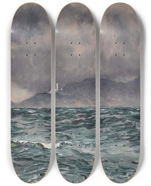 Triptych art skateboard deck of John Brett Heavy Squall Off The Start Lighthouse by John Brett (1831-1902)