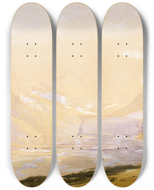 Triptych art skateboard deck of John Gully Mount Cook And The Tasman Glacier by John Gully (1819-1888)