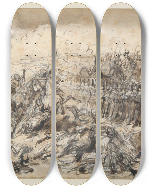 Triptych art skateboard deck of Denis Auguste Marie Raffet Battle Scene Study For The 2Nd Light Cavalry Withstanding The Onslaught Of Thearabs by Denis Auguste Marie Raffet (1804-1860)