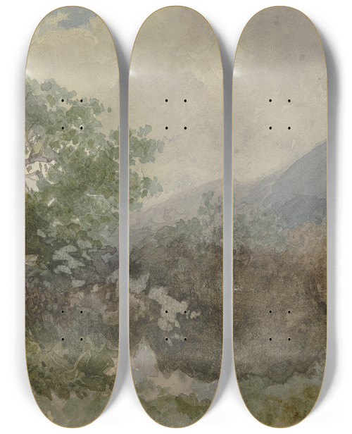 Triptych art skateboard deck of Jakob Maurer Landscape With Mountain Ridge by Jakob Maurer (1826-1887)