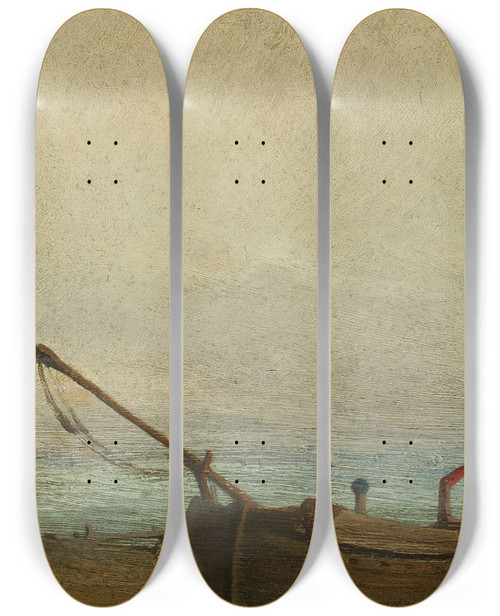 Triptych art skateboard deck of Teofil Kwiatkowski View Of The Avignon Port_2 by Teofil Kwiatkowski (1809-1891)