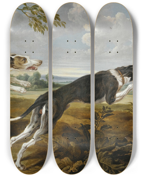Triptych art skateboard deck of Paul De Vos An Extensive Landscape With Three Hounds Surprising A Wild Boar And Its Young by Paul de Vos (1596-1678)