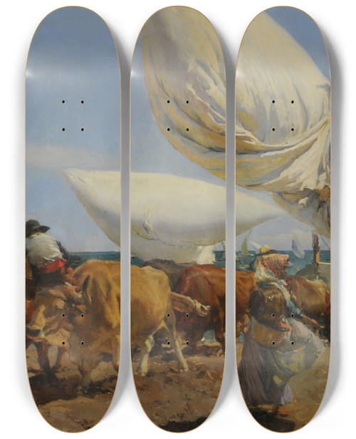 Triptych art skateboard deck of Joaqun Sorolla La Vuelta De La Pesca by Joaquin Sorolla (1863-1923)