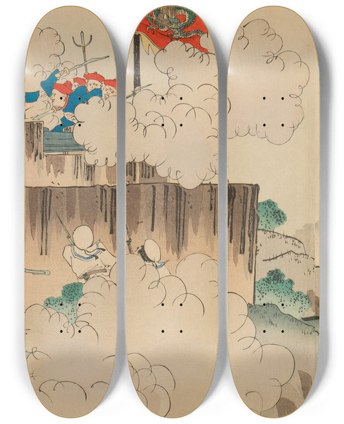 Triptych art skateboard deck of Adachi Gink True Account Of Events In China Received By Telegram Occupation Of The Battery At Dagu By The Japanese Army by Adachi Ginko (1853-1908)