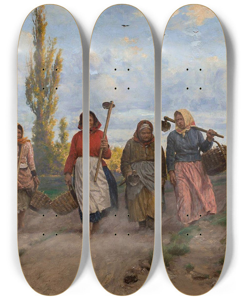 Triptych art skateboard deck of Antoni Kozakiewicz Women Returning From The Fields by Antoni Kozakiewicz (1841-1929)