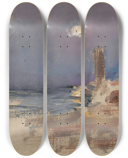 Triptych art skateboard deck of Jan Cigliski Moonlit Landscape With Water And Architecture From The Journey To Constantinople by Jan Ciaglinski (1858-1913)