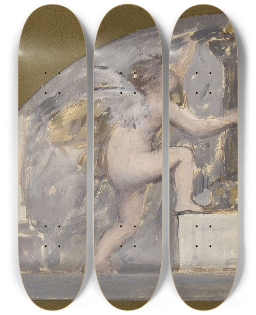 Triptych art skateboard deck of Franois Lafon Deux Amours Tenant Chacun Une Torche Prs Dune Torchre Allume by Francois Lafon (1846-1920)