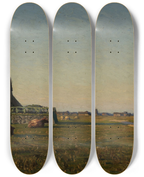 Triptych art skateboard deck of Franz Korwan Landscape With A Farmyard by Franz Korwan (1865-1942)