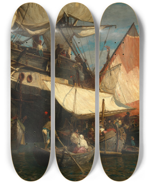 Triptych art skateboard deck of Gustav Schnleber Regatta In Venedig by Gustav Schonleber (1851-1917)