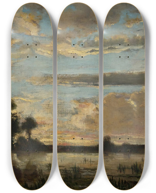 Triptych art skateboard deck of Thodore Rousseau Soleil Couchant by Theodore Rousseau (1812-1867)