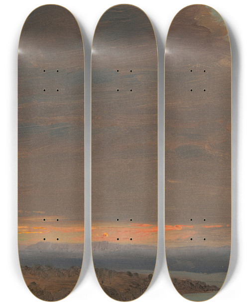 Triptych art skateboard deck of Frederic Edwin Church Sunset Hudson Valley New York by Frederic Edwin Church (1826-1900)