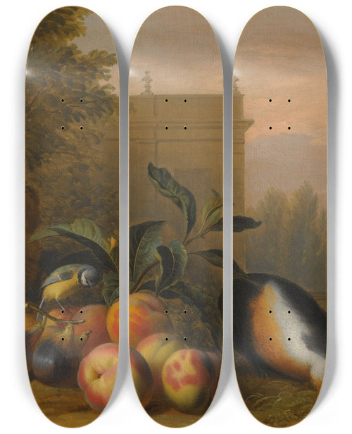 Triptych art skateboard deck of Jakob Bogdny An Extensive Landscape With A Capuchin Squirrel Monkey Two Guinea Pigs A Blue Tit And An Amazon St Vincent Parrot by Jakob Bogdany (1660-1724)
