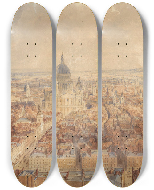 Triptych art skateboard deck of Thomas Allom View Of London From The Steeple Of St Brides Church Fleet Street Looking East Towards St Pauls Cathedral by Thomas Allom (1804-1872)