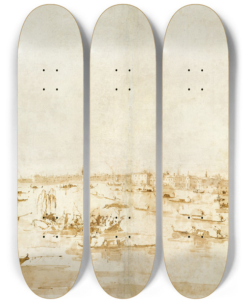 Triptych art skateboard deck of Francesco Guardi Panaromic View Of The Bacino Di San Marco Looking Up The Giudecca Canal by Francesco Guardi (1712-1793)