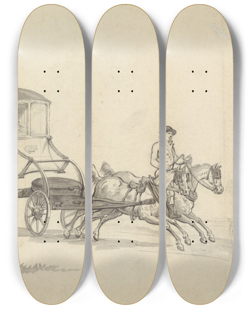 Triptych art skateboard deck of Samuel Howitt A Chaise And Pair With Postboy by Samuel Howitt (1756-1822)