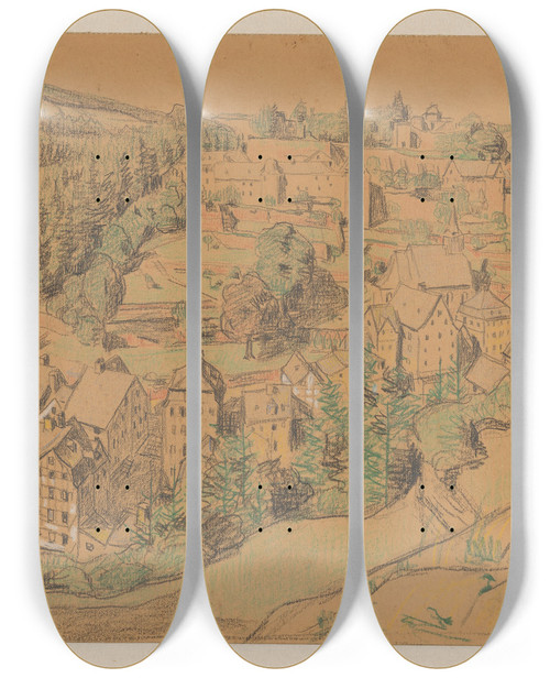 Triptych art skateboard deck of Ferdinand Hart Nibbrig Stad In De Eifel by Ferdinand Hart Nibbrig (1866-1915)