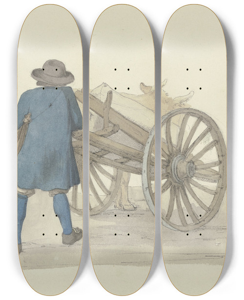 Triptych art skateboard deck of Jakob Frchtegott Dielmann Ein Bauer Und Drei Frauen Vom Hunsrck Bei Einer Karre Dahinter Ein Rind by Jakob Furchtegott Dielmann (1809-1885)