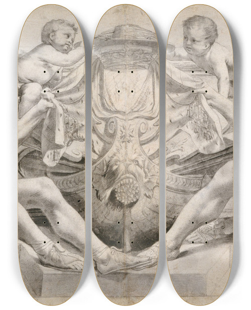 Triptych art skateboard deck of Charles Le Brun Allegory In Honor Of Cardinal Richelieu by Charles Le Brun (1619-1690)