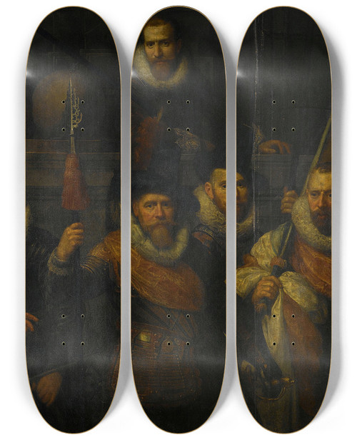 Triptych art skateboard deck of Paulus Moreelse Officers And Other Civic Guardsmen Of The Iiird District Of Amsterdam Under The Command Of Captain Jacob Gerritsz Hoyngh And Lieutenant Nanningh Florisz Cloeck by Paulus Moreelse (1571-1638)