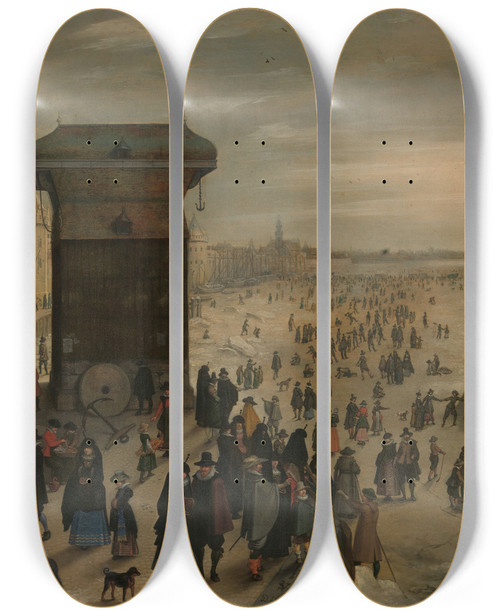 Triptych art skateboard deck of Sebastian Vrancx The Crane On The Antwerp Quay By The Frozen Scheldt by Sebastian Vrancx (1573-1647)