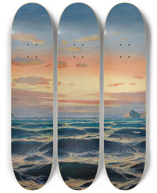 Triptych art skateboard deck of Max Jensen Sailing Ship By The Coast In The Evening Light_1 by Max Jensen (1860-1907)