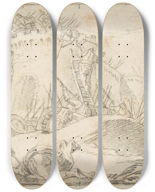 Triptych art skateboard deck of Giovanni Battista Tiepolo Attacks On The Walls Of A City by Giovanni Battista Tiepolo (1696-1770)