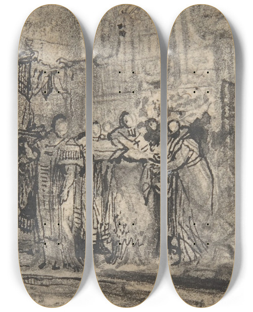 Triptych art skateboard deck of Gabriel De Saintaubin Coronation Regalia Carried In Procession At Saintdenis by Gabriel de Saint-Aubin (1724-1780)