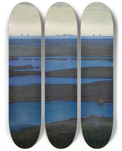 Triptych art skateboard deck of Otto Hesselbom Over Forest And Lake by Otto Hesselbom (1848-1913)