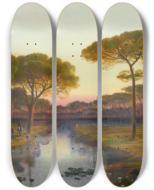 Triptych art skateboard deck of Edward Lear The Pineta Ravenna by Edward Lear (1812-1888)
