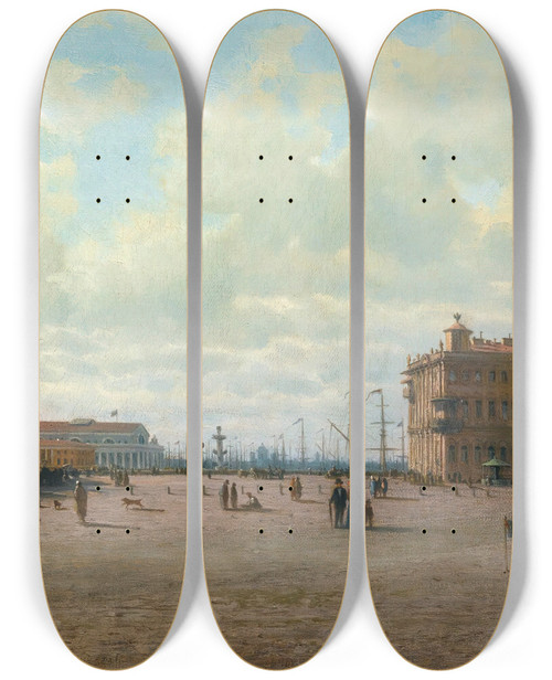Triptych art skateboard deck of Petr Petrovich Vereshchagin View Of Palace Square St Petersburg by Petr Petrovich Vereshchagin (1836-1886)