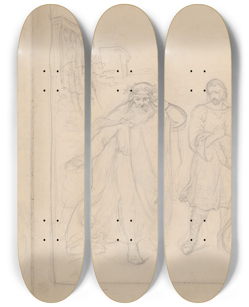 Triptych art skateboard deck of Jzef Simmler Sketches Of Figural Compositions The Scene Inside A Manor House And The Scene With A Diviner by Jozef Simmler (1823-1868)
