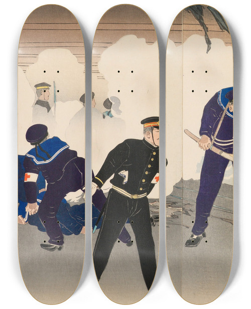 Triptych art skateboard deck of Kobayashi Kiyochika Struggling Hard On The Battleship Hatsuse In The Harbor Of Port Arthur by Kobayashi Kiyochika (1847-1915)