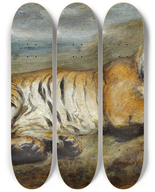 Triptych art skateboard deck of Pierre Andrieu Tiger Resting by Pierre Andrieu (1821-1892)