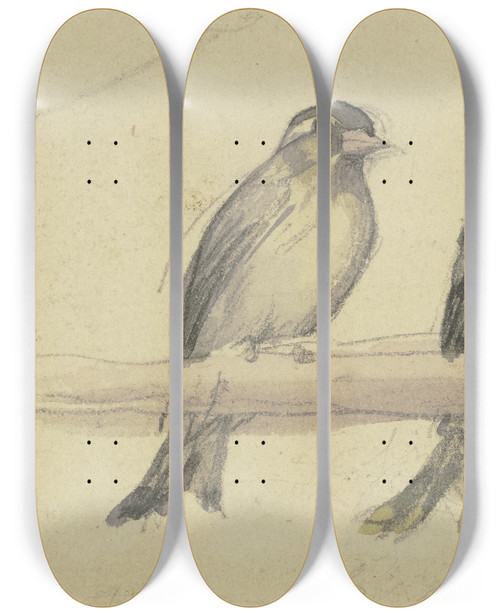 Triptych art skateboard deck of Jakob Becker Zwei Vgel Auf Einer Stange by Jakob Becker (1810-1872)