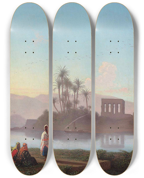 Triptych art skateboard deck of Charles Thodore Frre Vue De Lile De Philae Nubie by Charles Theodore Frere (1814-1888)