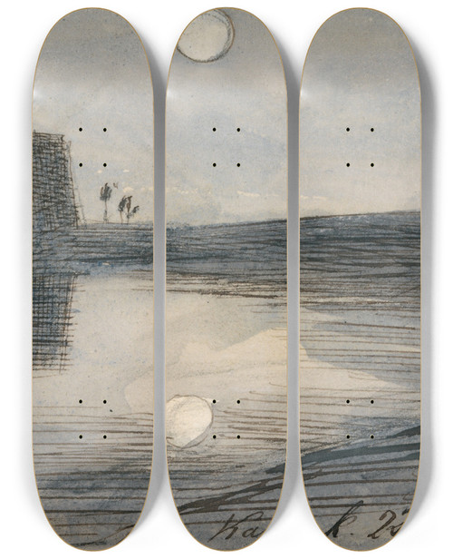 Triptych art skateboard deck of Edward Lear Karnak 930 Pm 22 January 1867 by Edward Lear (1812-1888)