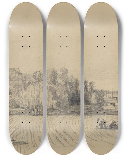 Triptych art skateboard deck of Eugne Boudin Lile Aux Moines With Workers In A Field by Eugene Boudin (1824-1898)