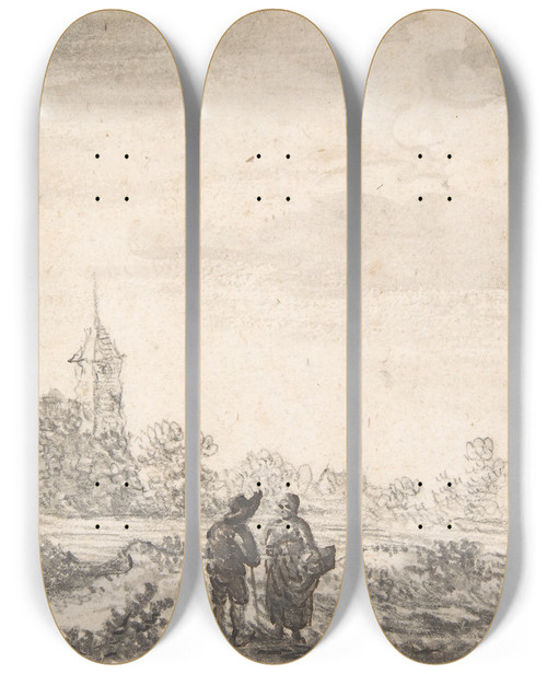Triptych art skateboard deck of Salomon Van Ruysdael Landscape With Two Figures Conversing by Salomon Van Ruysdael (1602-1670)