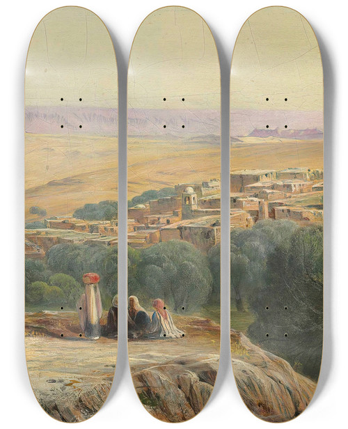 Triptych art skateboard deck of Edward Lear The Plains Of Bethany by Edward Lear (1812-1888)