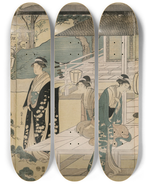 Triptych art skateboard deck of Chbunsai Eishi The Matsukaze Chapter Of The Tale Of Genji From The Series The Tale Of Genji In Elegant Modern Dress by Chobunsai Eishi (1756-1829)